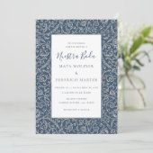 Floral Vintage Dark Blue Nuestra Boda Wedding Kaart (Staand voorkant)