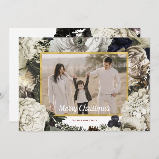 Floral Vintage kerstfoto Feestdagenkaart (Voorkant / Achterkant)
