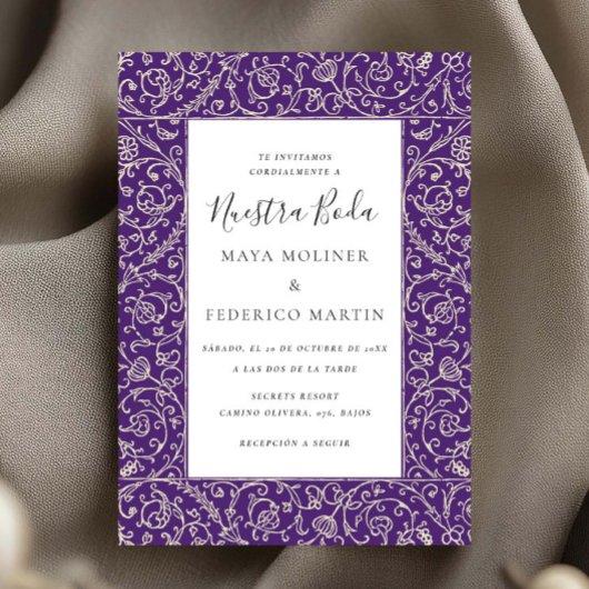 Floral Vintage Purple Nuestra Boda Wedding Kaart