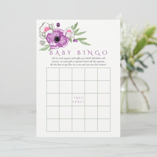 Floral Violet en Sage Baby shower Baby Bingo Kaart (Staand voorkant)