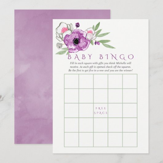 Floral Violet en Sage Baby shower Baby Bingo Kaart (Voorkant / Achterkant)