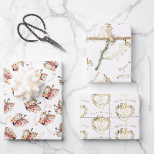 Floral Violins Gold Muzieknoten Kerstvakantie Inpakpapier Vel