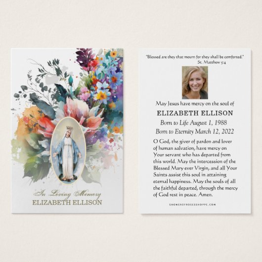 Floral Virgin Mary Fatima Funeral Prayer Kaart (Voorkant /achterkant)