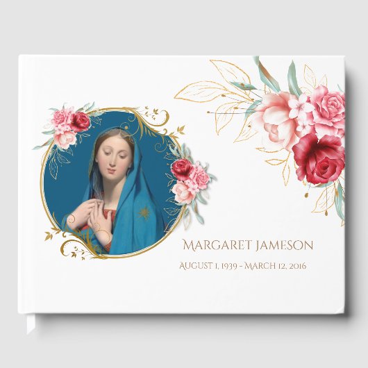 Floral Virgin Mary Funeral Memorial Guest Book Gastenboek (Voorkant)