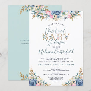 Floral Virtual Baby shower Navy Blue Blauwgroen Go Kaart