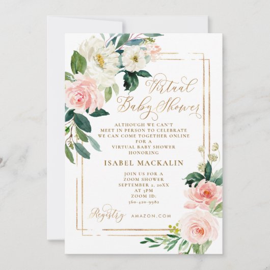 Floral virtueel Baby shower roze Cream-Waterverf Kaart (Voorkant)