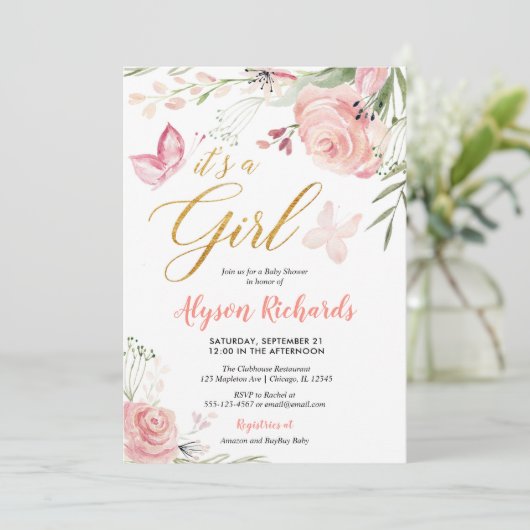 Floral vlinder baby shower kaart (Staand voorkant)