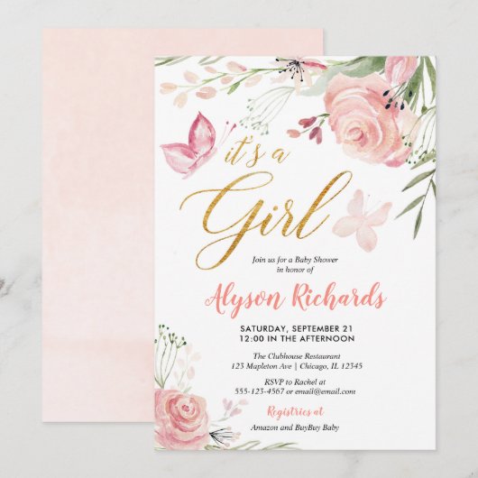 Floral vlinder baby shower kaart (Voorkant / Achterkant)