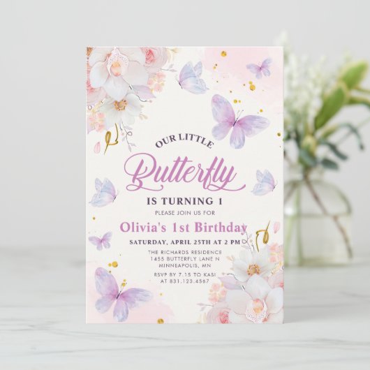 Floral vlinder Paarse meisje Verjaardag Kaart (Staand voorkant)