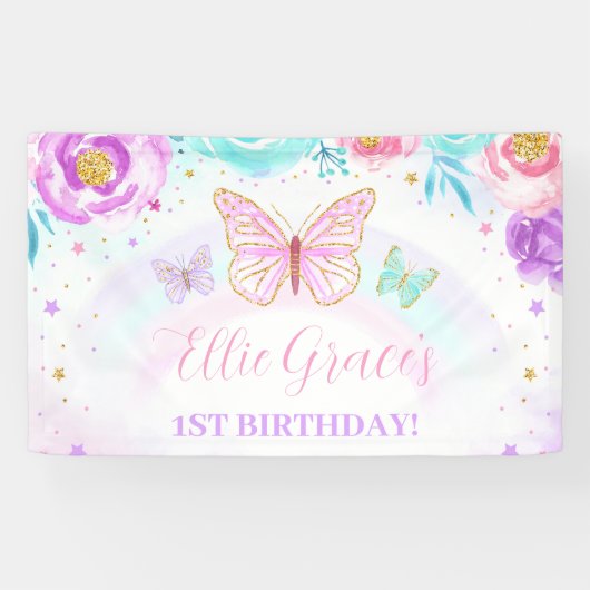 Floral vlinder verjaardag achtergrond spandoek (Horizontaal)