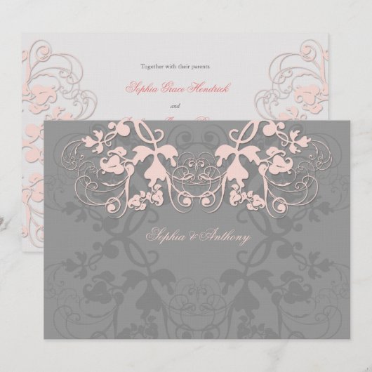  Floral Vlourish Baby Pink Wedding Invite Kaart (Voorkant / Achterkant)