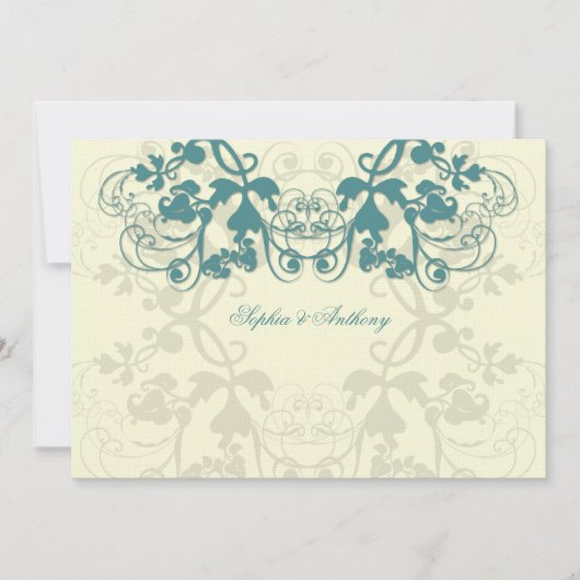 Floral Vlourish Blauwgroen Blue Wedding Invite Kaart (Voorkant)