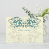 Floral Vlourish Blauwgroen Blue Wedding Invite Kaart (Staand voorkant)