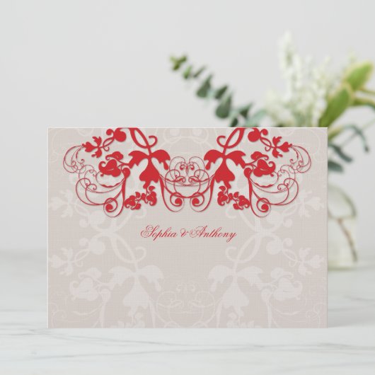  Floral Vlourish Red Wedding Uitnodiging (Staand voorkant)