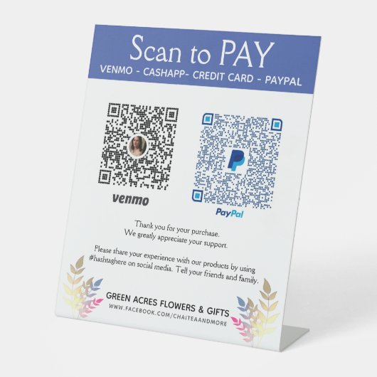 Floral voeg hier twee QR-codes Venmo betalen toe Reclamebord Met Voetstuk (Voorkant)