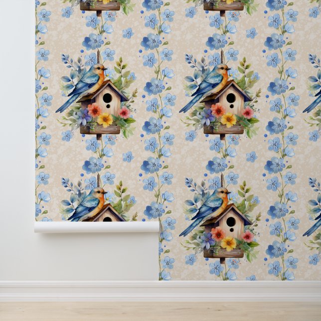 Floral Vogelhuis Vogel Gestreepte Blauwe Textuur C Behang (Applicatie)
