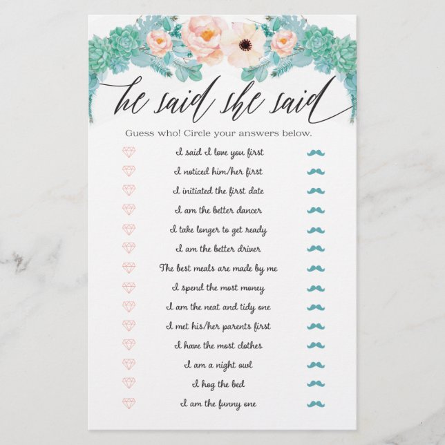 Floral Vrijgezellenfeest Game zei dat ze zei: (Voorkant)