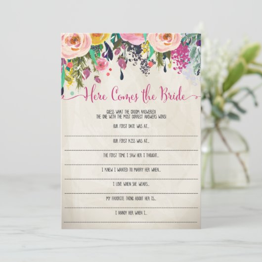 Floral Vrijgezellenfeest Hier komt het bruidspel Kaart (Staand voorkant)