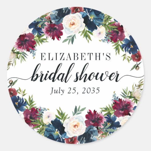 Floral Vrijgezellenfeest Navy Blue Bourgondië Wate Ronde Sticker (Voorkant)