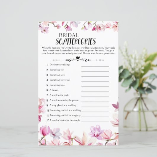 Floral Vrijgezellenfeest Scattergories Game (Staand voorkant)