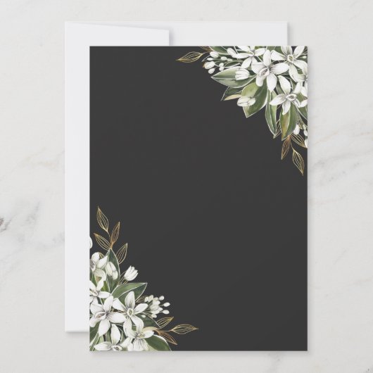 Floral Vrijgezellenfeest voor zwarte en gouden Wat Save The Date (Achterkant)