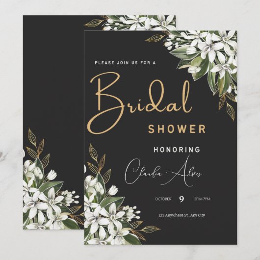 Floral Vrijgezellenfeest voor zwarte en gouden Wat Save The Date (Voorkant / Achterkant)