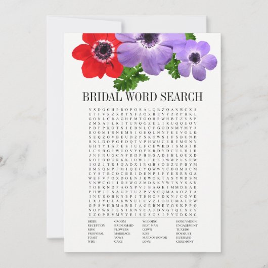 Floral Vrijgezellenfeest Word Search Game Kaart (Voorkant)