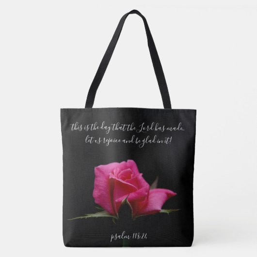 Floral w/Verse; rode rozenbloesem, psalm 118:24 Tote Bag (Voorkant)