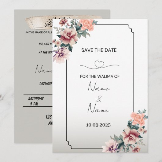 Floral walima-uitnodiging kaart (Voorkant / Achterkant)