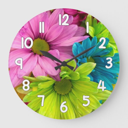 Floral Wall Clock – Pink Green Blue Flower Grote Klok (Voorkant)