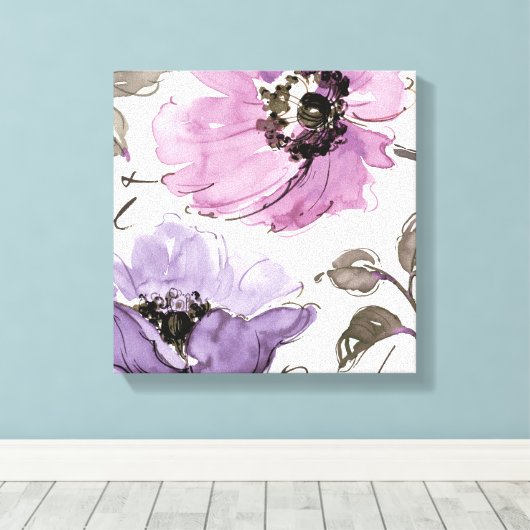 Floral Waltz Plum Waterverf Flowers Canvas Afdruk (Insitu (Houten vloer))