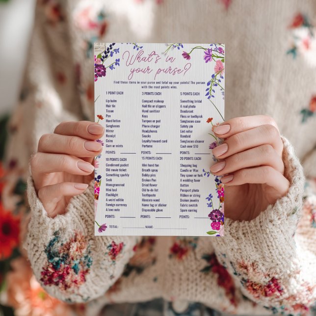 Floral Wat zit er in je portemonnee Vrijgezellenfe (Floral What’s in Your Purse Bridal Shower Game)
