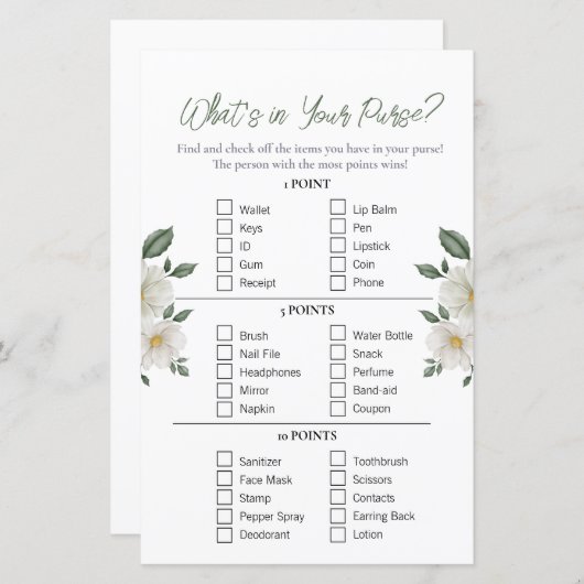 Floral "Wat zit er in je tas" Vrijgezellenfeest sp (Voorkant / Achterkant)