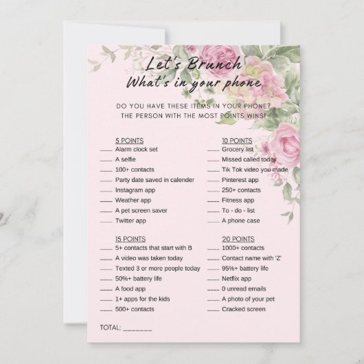 Floral Wat zit er in je telefoon Brunch Party spel Kaart (Voorkant)