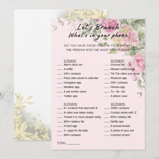 Floral Wat zit er in je telefoon Brunch Party spel Kaart (Voorkant / Achterkant)