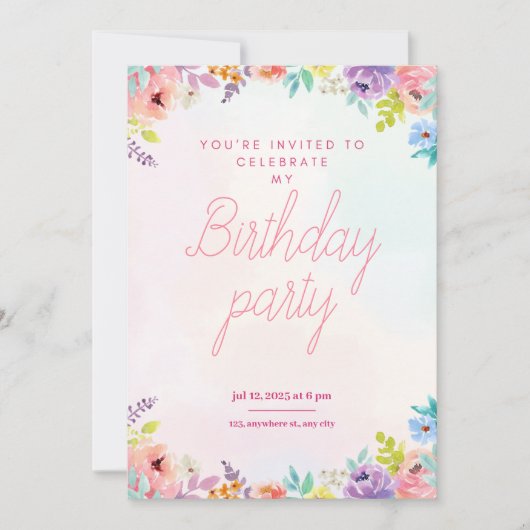 Floral watercolor adults birthday invitation kaart (Voorkant)