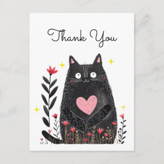 Floral Watercolor Black Cat with Heart Thank You Briefkaart