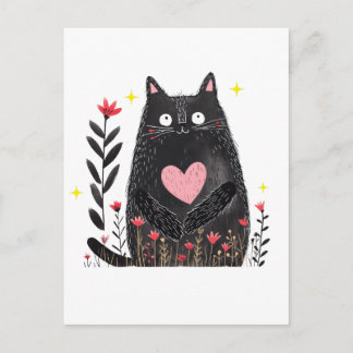 Floral Watercolor Chubby Black Cat with Pink Heart Briefkaart