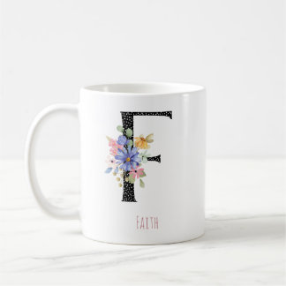 Floral Watercolor F Monogram Name Black Polka Dot Koffiemok