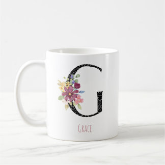 Floral Watercolor G Monogram Name Black Polka Dot Koffiemok