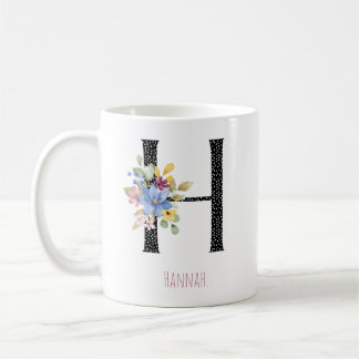 Floral Watercolor H Monogram Name Black Polka Dot Koffiemok
