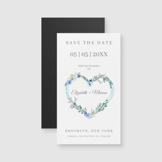 Floral Watercolor Heart with Leaves in Blue (Voorkant / Achterkant)