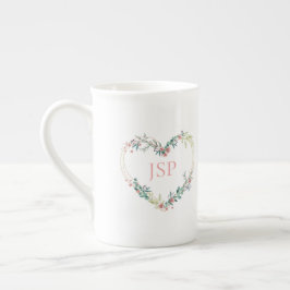 Floral Watercolor Heart with Leaves in Pink Porselein Kop