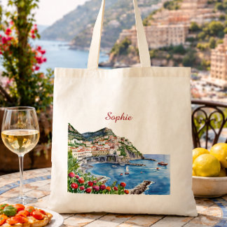 Floral Watercolor Italian Amalfi Coast Name Tote Bag