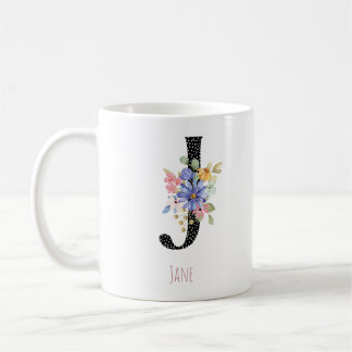 Floral Watercolor J Monogram Name Black Polka Dot Koffiemok