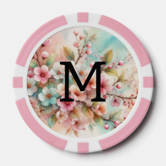 Floral watercolor monogram pink cherry blossoms  poker chips