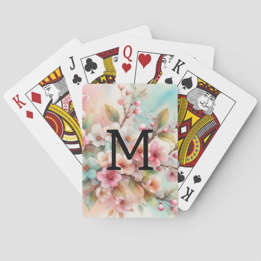 Floral watercolor monogram pink cherry blossoms  pokerkaarten (Achterkant)