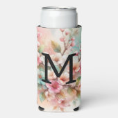 Floral watercolor monogram pink cherry blossoms  seltzer blikjeskoeler (Seltzer Voorkant)