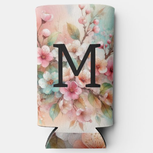 Floral watercolor monogram pink cherry blossoms  seltzer blikjeskoeler (Voorkant)
