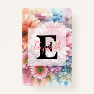Floral watercolor monogram pink gerbera daisies  badge